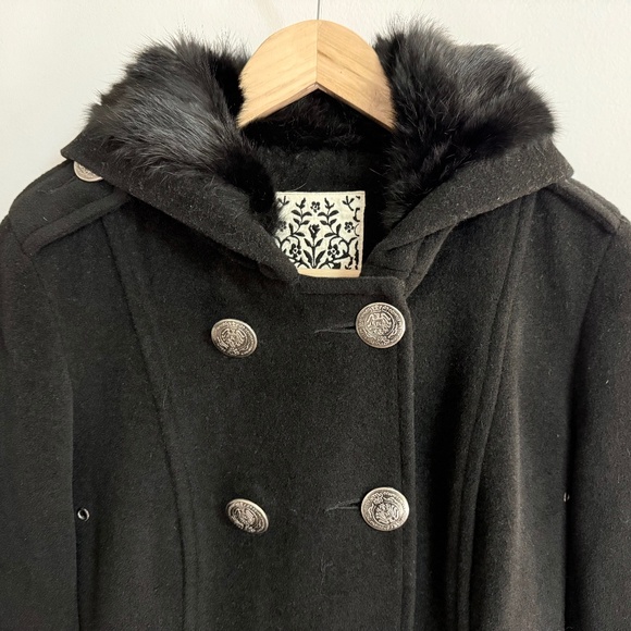 Ochirly Wool & Silk Blend Coat with Rabbit Fur Lined Hood – Size Extra-Small - Picture 6 of 14